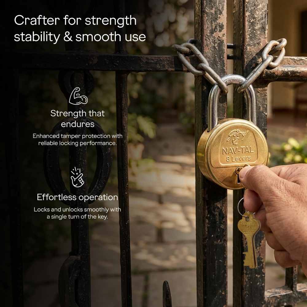 Godrej Padlock | Navtal 8 Lever Brass Padlock 85mm with 3 Keys | Hardened Steel Shackle | Heavy Duty Lock for Main Door, Gates, Shutters, Warehouses, Offices & Industrial Use | 1 Year Warranty